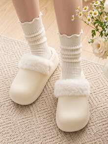 1 Pair Women's Fashion Versatile EVA Thick Sole Non-Slip Fur Trim Flat Casual Slippers, Suitable For Autumn/Winter - White - View 4