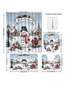 1/4pcs Christmas Snowman Shower Curtain Set, Christmas Tree Snowflake Pine Branch Winter Holiday Bathroom Curtain 180 X 180 Cm, Waterproof Mildew-Resistant Polyester Material, With 12 Hooks - A - View 4