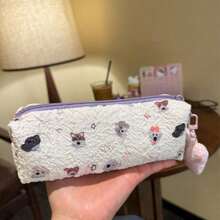 1pc Cute Cartoon Puppy All-Over Print Pleated Pencil Case, Soft Skin-Friendly Bubble Texture Fabric In Taro Purple, Smooth Zipper, Large Capacity Student Stationery Storage Bag With Detachable Plush Ball Charm, Girly High-Value Multi-Function Portable Pouch For Pens, Erasers, Sticky Notes, Rulers, Tape And Other School Supplies - Multicolor - View 3