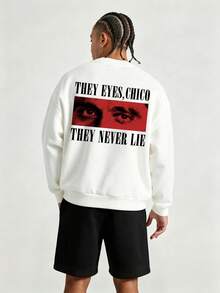 Men's Spring/Autumn Minimalist Red Eye Print Letter Crew Neck Long Sleeve Sweatshirt And Shorts Casual Set - Black and White - View 1