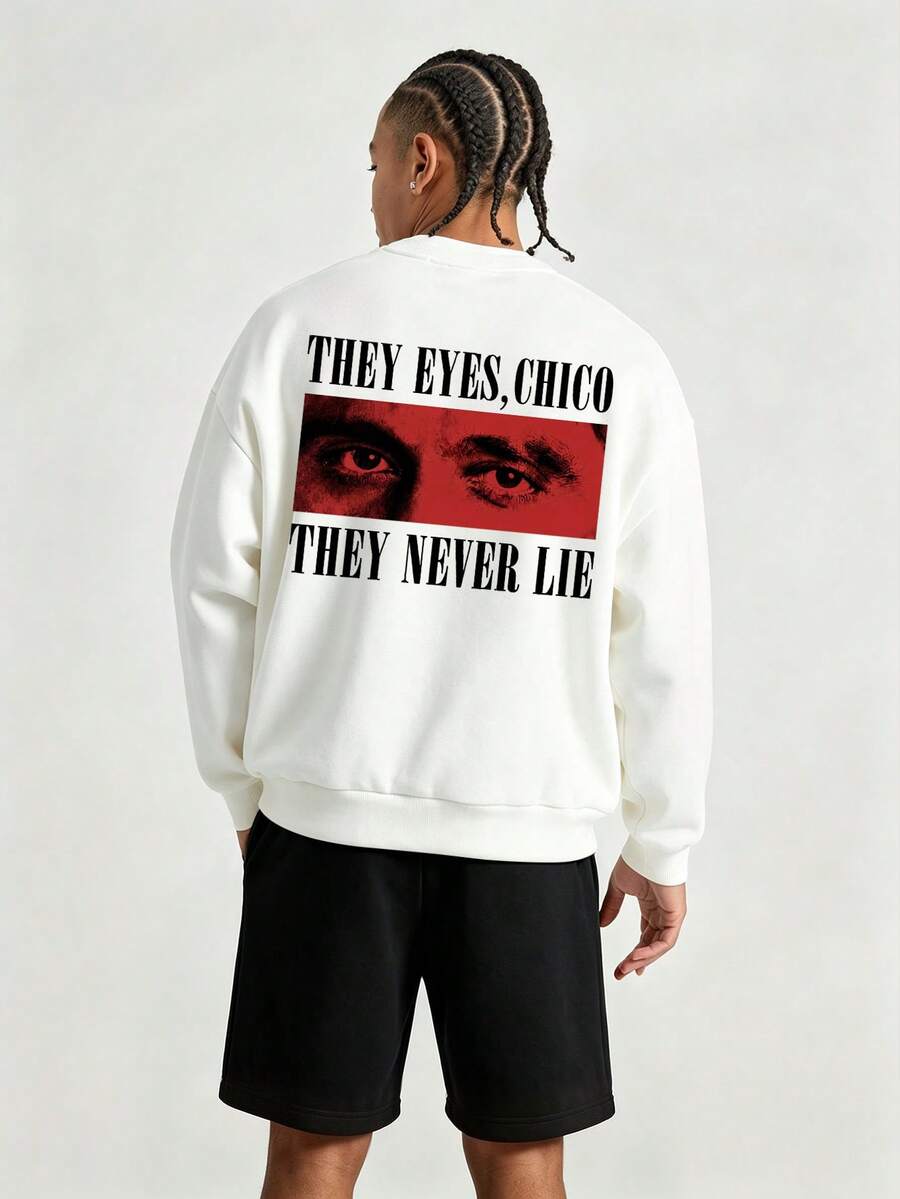 Men's Spring/Autumn Minimalist Red Eye Print Letter Crew Neck Long Sleeve Sweatshirt And Shorts Casual Set - Black and White - View 1