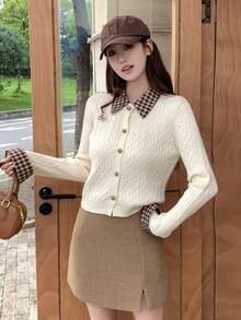 Women's 2-In-1 Knit Cardigan Sweater, Spring Outfit, Colorblock Plaid Polo Collar, Preppy Style Top - Apricot - View 5