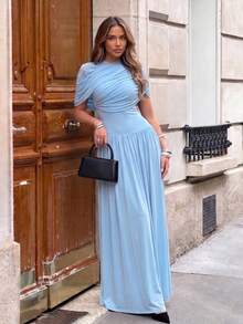 Women 2 Pieces Maxi Dress Set Ruched Shawl And Sleeveless Long Dress Elegant Solid Color Bodycon Flowy Dress Set For Wedding Guest Party And Vacation - Blue - View 3