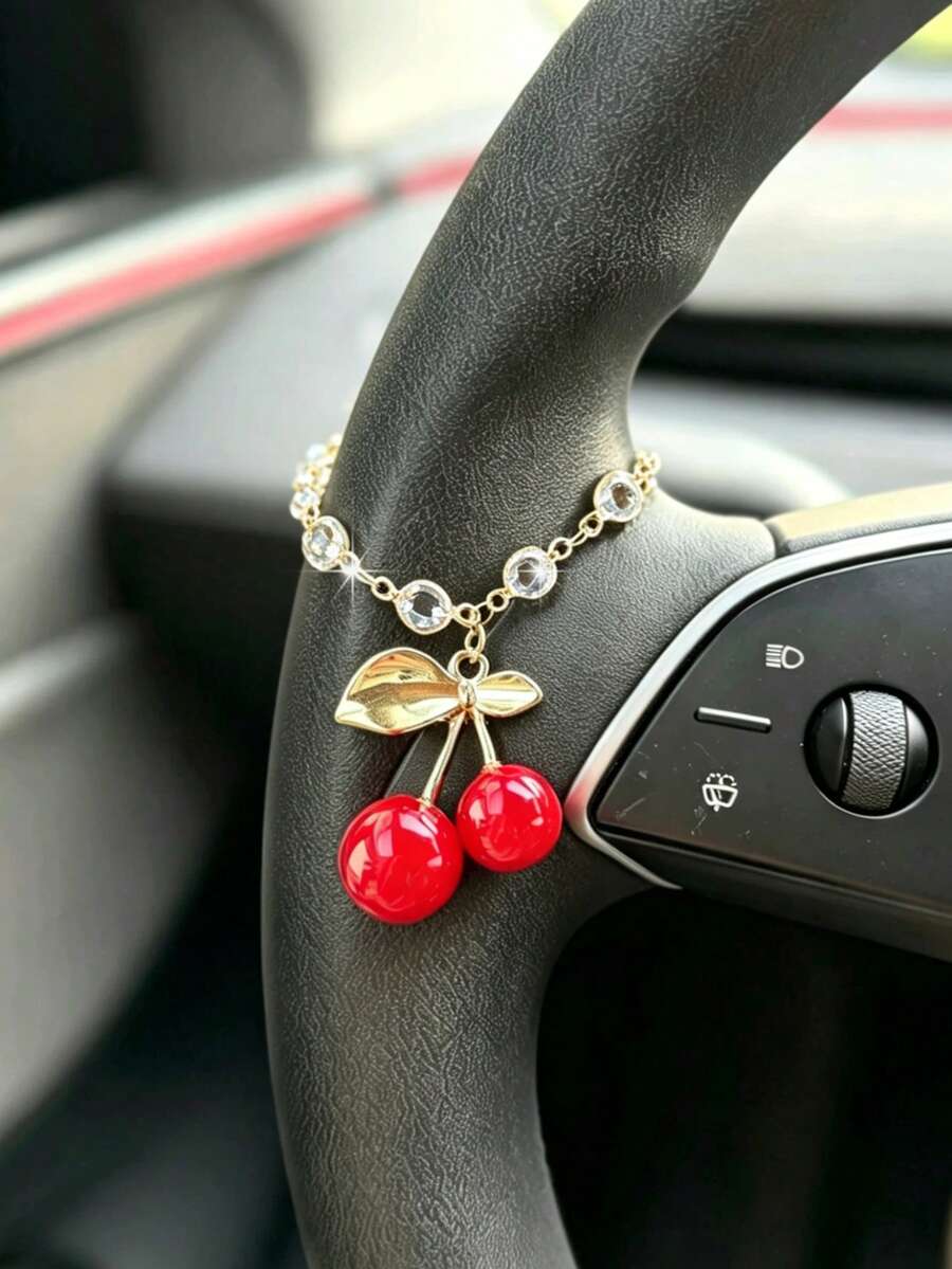 1pc 3D Cherry Pendant Crystal Chain Car Steering Wheel Gear Shift Hanging Decoration Interior Car Decor Accessories For Women - A - View 1
