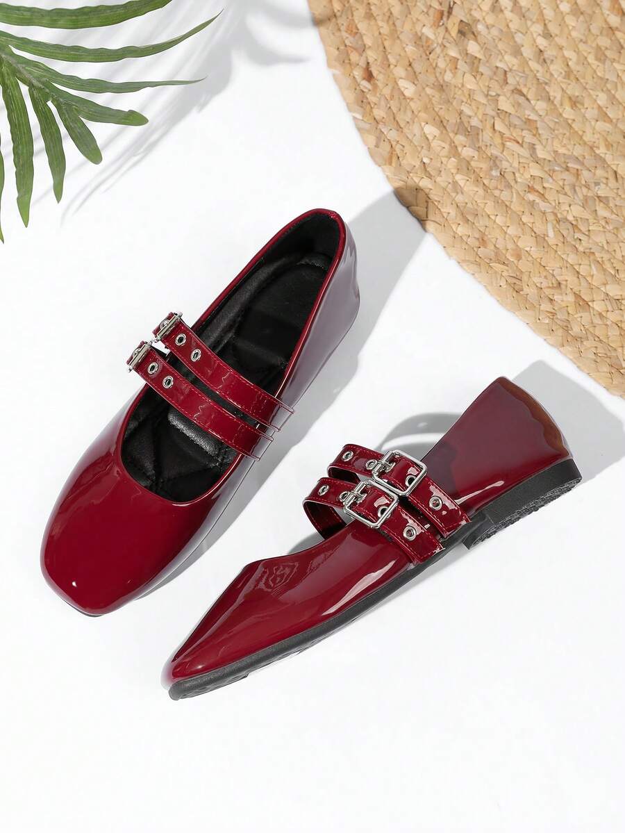 Women's Flat Mary Jane Ballet Shoes With Double Straps And Metal Detail - Burgundy - View 1