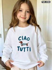 هودي كاجوال لطيف للأطفال، مطبوع عليه عبارة "Ciao Tutti" ونمط كلب كرتوني، مناسب للارتداء اليومي في الربيع والخريف - أبيض - مشاهدة 1