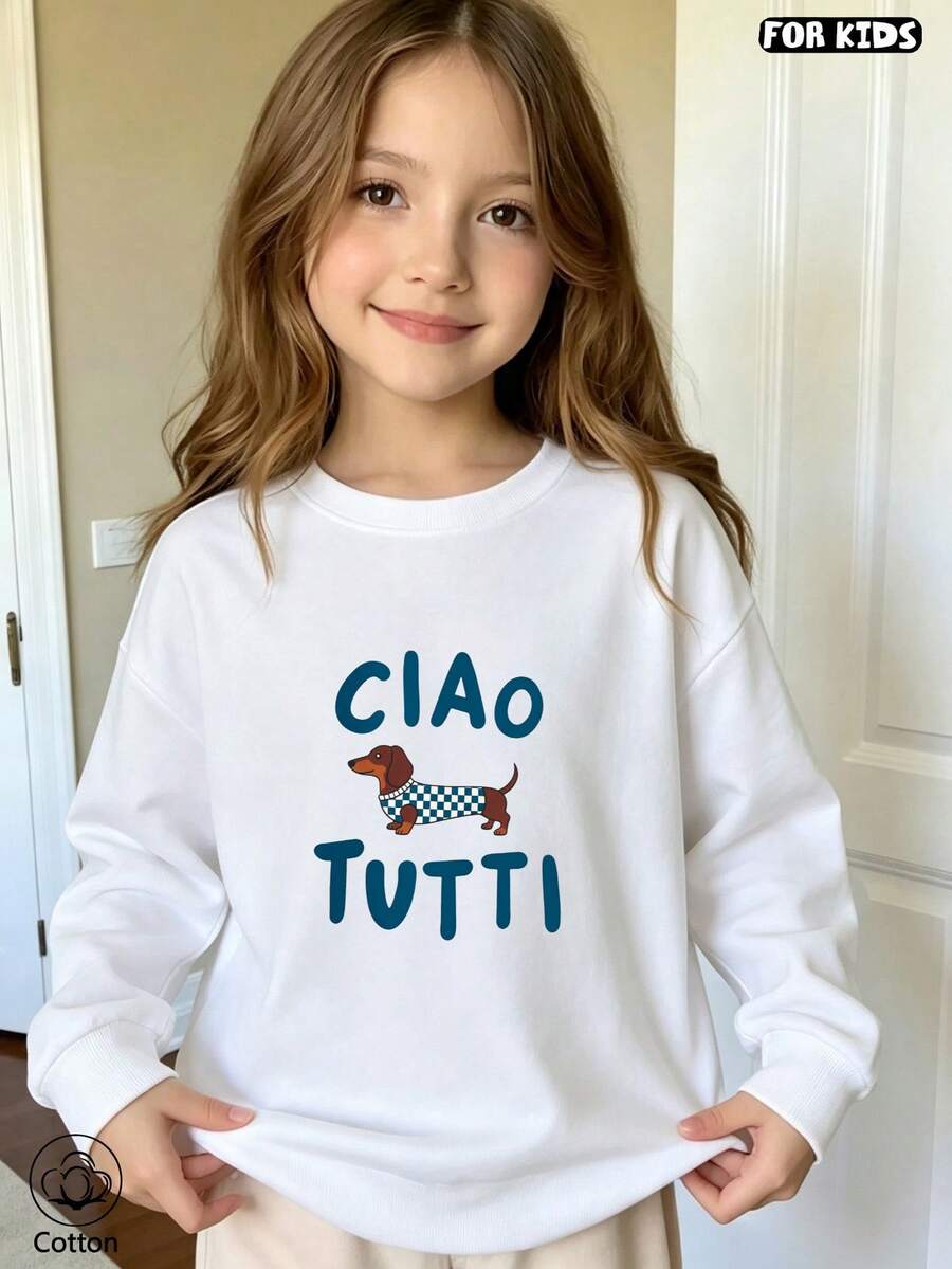 هودي كاجوال لطيف للأطفال، مطبوع عليه عبارة "Ciao Tutti" ونمط كلب كرتوني، مناسب للارتداء اليومي في الربيع والخريف - أبيض - مشاهدة 1