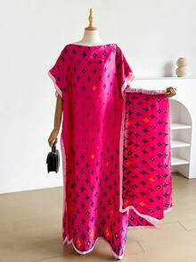 1 Set Faux Silk Minimalist Premium Geometric Print Long Robe Set For Women, Beach Cover-Up Sun Protection Pullover Shawl With Satin Scarf, Perfect For Layering And Daily Wear - Multicolor - View 5