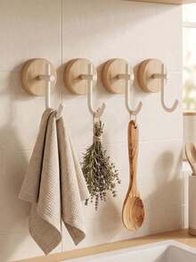 1/4 Packs Wall Mounted Hooks, Natural Walnut Wood Material, No Drill Clothes Hooks, For Entryway, Kitchen, Hallway, Bedroom, Living Room, Bathroom, Storage And Decor, For Clothes, Towels, Robes, Keys, Space Saving And Easy Installation - Multicolor - View 3