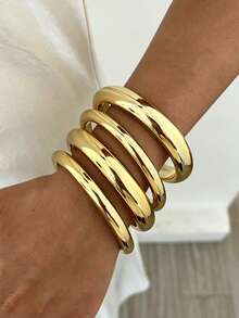 4/1pc Vintage Fashion Exaggerated Wide Asymmetrical Metal Bracelet Set For Women, Casual Style, Suitable For Daily Wear, Vacation, Gathering, Party, Holiday, Gift - Yellow Gold - View 9