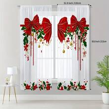 2PCS Christmas Sheer Curtains, Happy Holidays, Bow And Christmas Berry Patterns, Polyester Fiber Material,Trunked Window Screen,Four Seasons Home Window Decoration,Kitchen,Living Room,Bedroom,Dining Room Available In Multiple Sizes,Christmas Gifts - Multicolor - View 10