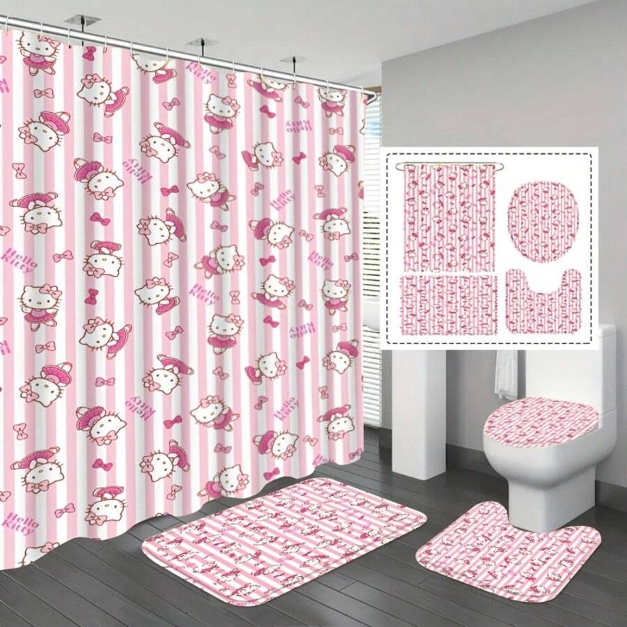 SANRIO 4pcs Multi-Pattern Hello Kitty Bathroom Shower Curtain Set[1pc Shower Curtain 180x180cm+3pcs Mat 38x44cm+38x45cm+45x75cm] - Shower Curtain Set - View 1