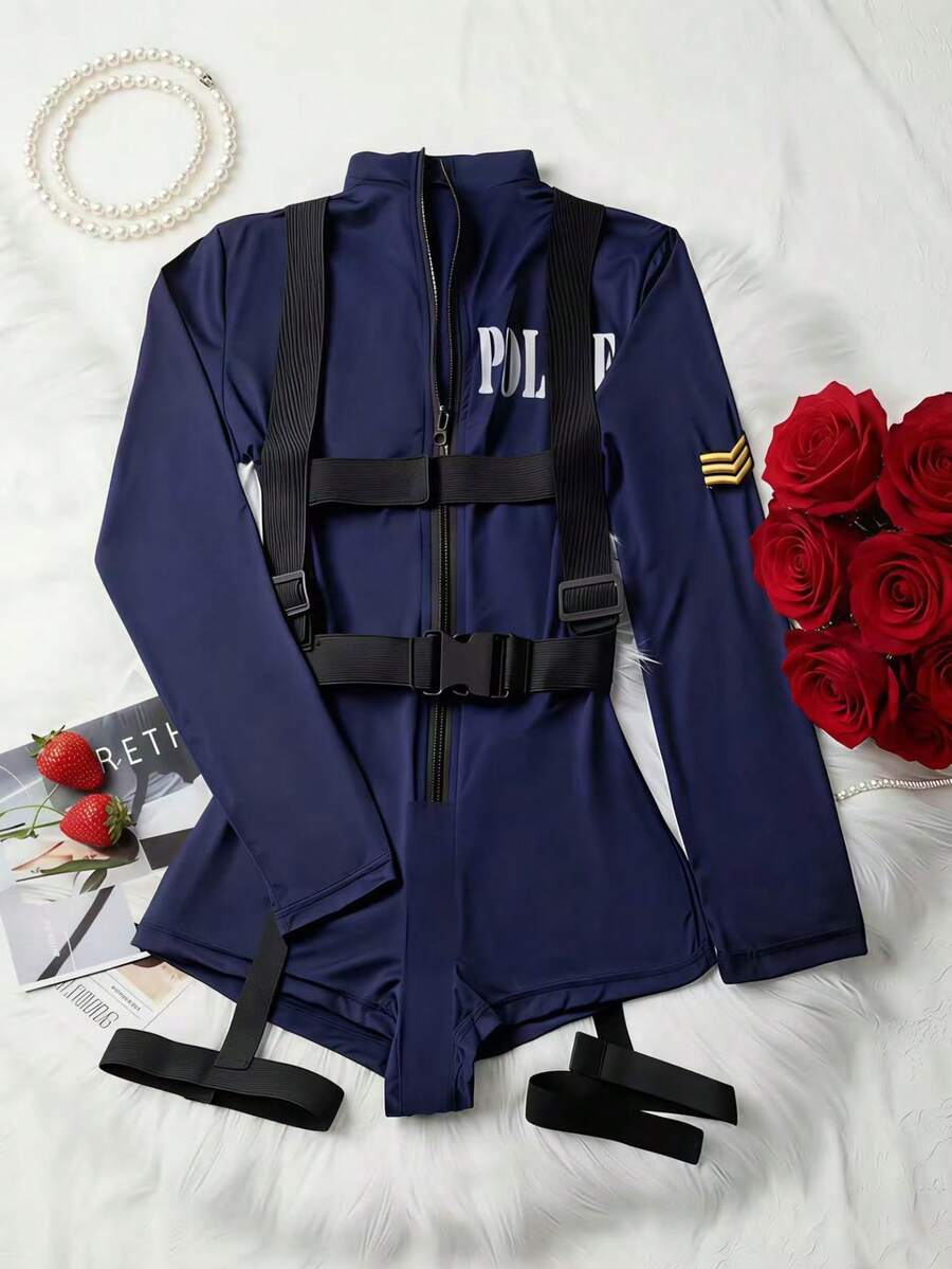 1套 Cosplay 機車女警制服 2件組（連身衣、肩帶）性感雙拉鍊開襠不可拆卸誘惑夜店表演裝扮，角色扮演緊身貼身遊戲服裝 - 藍色 - 查看 1