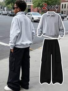 2pcs Minimalist Street Style Boys Outfit, Solid Color Mock Neck Sweatshirt + Black Cargo Pants, Soft Autumn/Winter Streetwear - Grey - View 1