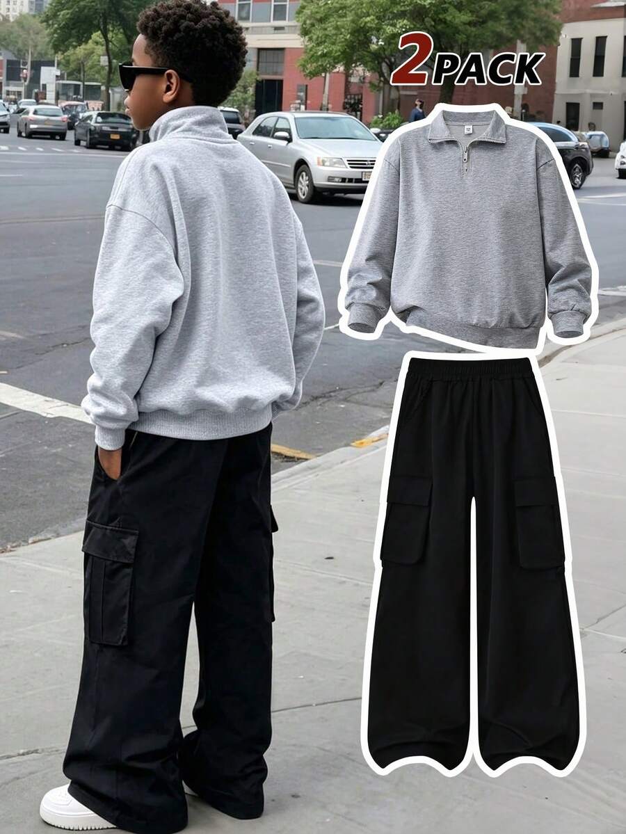 2pcs Minimalist Street Style Boys Outfit, Solid Color Mock Neck Sweatshirt + Black Cargo Pants, Soft Autumn/Winter Streetwear - Grey - View 1