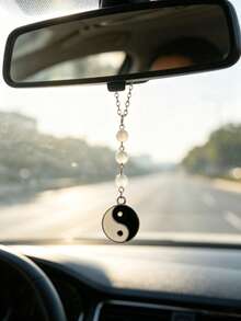 Black & White Tai Chi Yin Yang Car Hanging Ornament Cat Eye Beaded Rearview Mirror Pendant Niche Car Interior Decoration Peace Charm - A - View 1