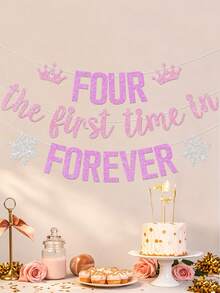 1pc Four The First Time In Forever 4th Birthday Banner, Snowflake Theme Princess Happy 4th Birthday Party Decoration - Multicolor - View 10