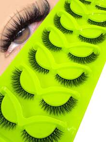 7 Pairs New Natural Short D Curl Fluffy Russian Strip Lashes, 3D Faux Mink Lashes, Dense Cat Eye Lashes, Voluminous Messy Mink Lashes, Long Seductive Eye-Enhancing Lashes, Full Lash Extension Set, Lengthening And Volumizing Outer Eye Corners, Makeup Practice Lashes, Reusable False Eyelashes For Prom And Wedding - Black - View 1