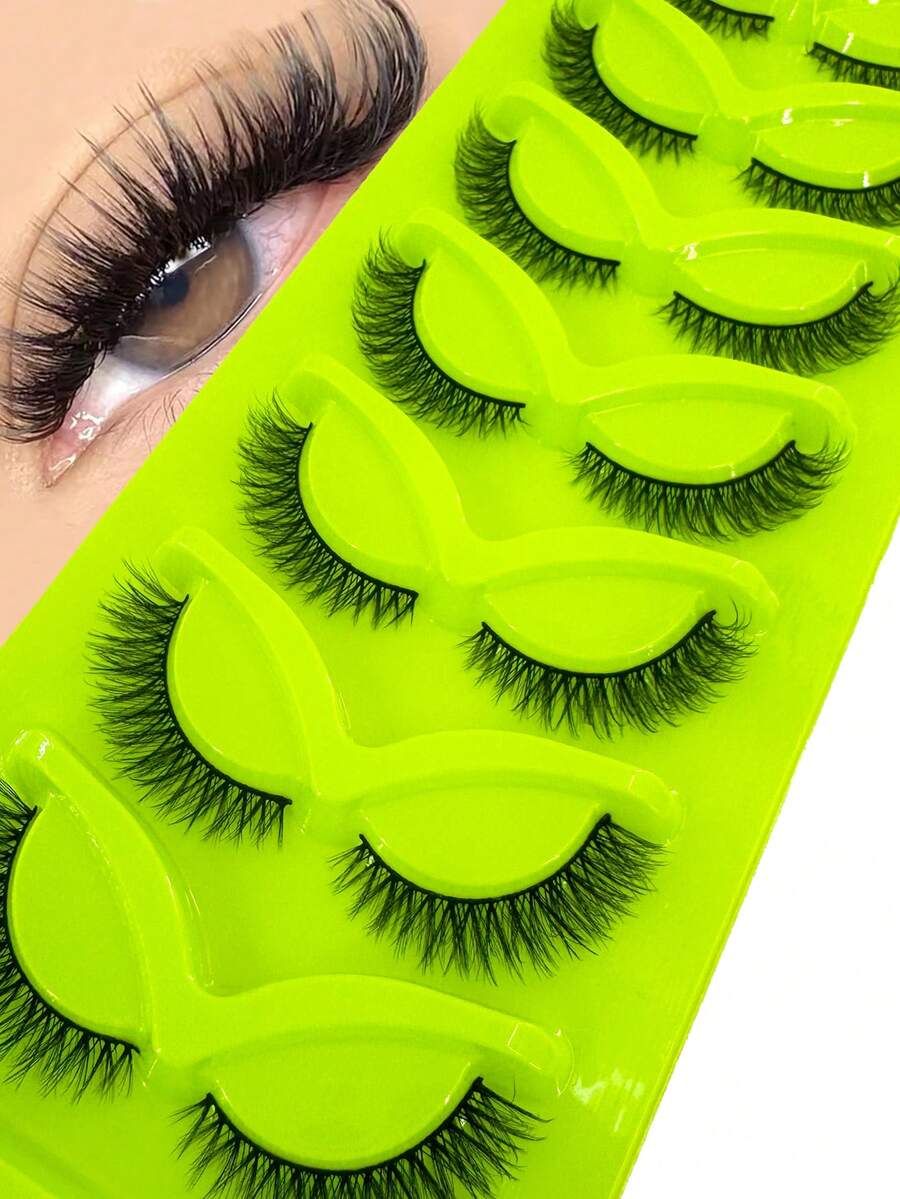 7 Pairs New Natural Short D Curl Fluffy Russian Strip Lashes, 3D Faux Mink Lashes, Dense Cat Eye Lashes, Voluminous Messy Mink Lashes, Long Seductive Eye-Enhancing Lashes, Full Lash Extension Set, Lengthening And Volumizing Outer Eye Corners, Makeup Practice Lashes, Reusable False Eyelashes For Prom And Wedding - Black - View 1
