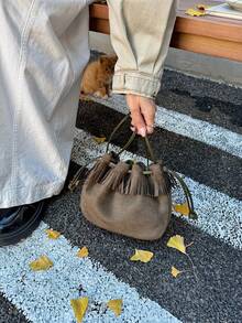 Autumn/Winter New Fashion Ruched Faux Suede Bucket Bag Mini Phone Bag Small Square Bag Commuter Style Women's Bag With Tassel - Dark Green - View 6