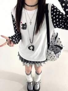 Y2K韓系甜美風 1件女款波點撞色插肩袖愛心印花休閒百搭寬鬆長袖T恤上衣，適合秋冬日常穿著與約會 - 白色 - 查看 1