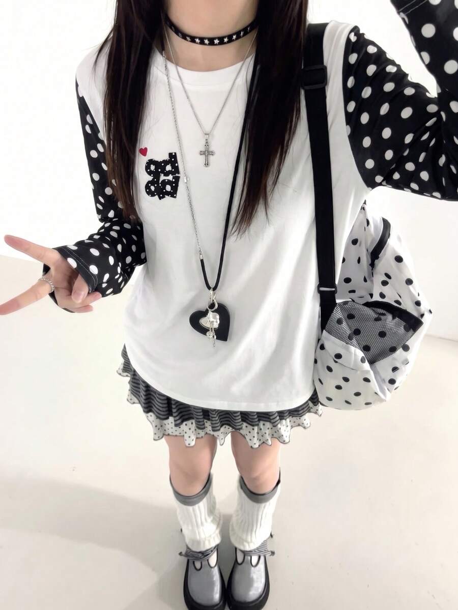 Y2K韓系甜美風 1件女款波點撞色插肩袖愛心印花休閒百搭寬鬆長袖T恤上衣,適合秋冬日常穿著與約會 - 白色 - 查看 1