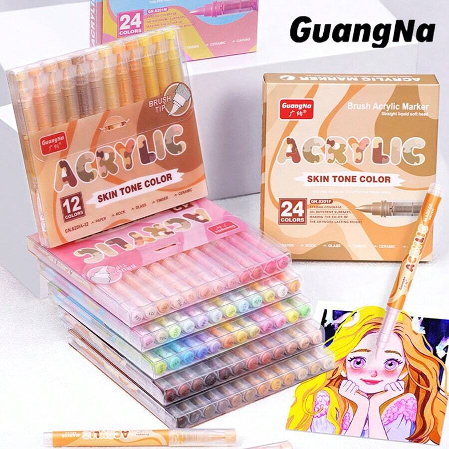 GuangNa 24/12 Colors Direct Liquid Acrylic Paint Markers, Skin Tone ...