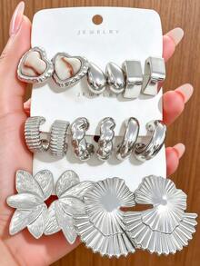 4/16PCS Fashionable Elegant Floral Geometric Multi-Element Silver Metallic Earring Set, Women's Fashion Earring Set (Lightweight CCB Material, Non-Fading) - Silver - View 5