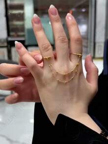 1 pieza Anillo de dedo ajustable chapado en oro de 21k, diseño de cadena con cuentas de oro y borlas, estilo árabe, chapado - resistente a la oxidación y al desvanecimiento del color. Alternativa de oro, adecuado para accesorios de boda, banquete y fiesta para mujeres - Anillo con borla de oro - Ver 4