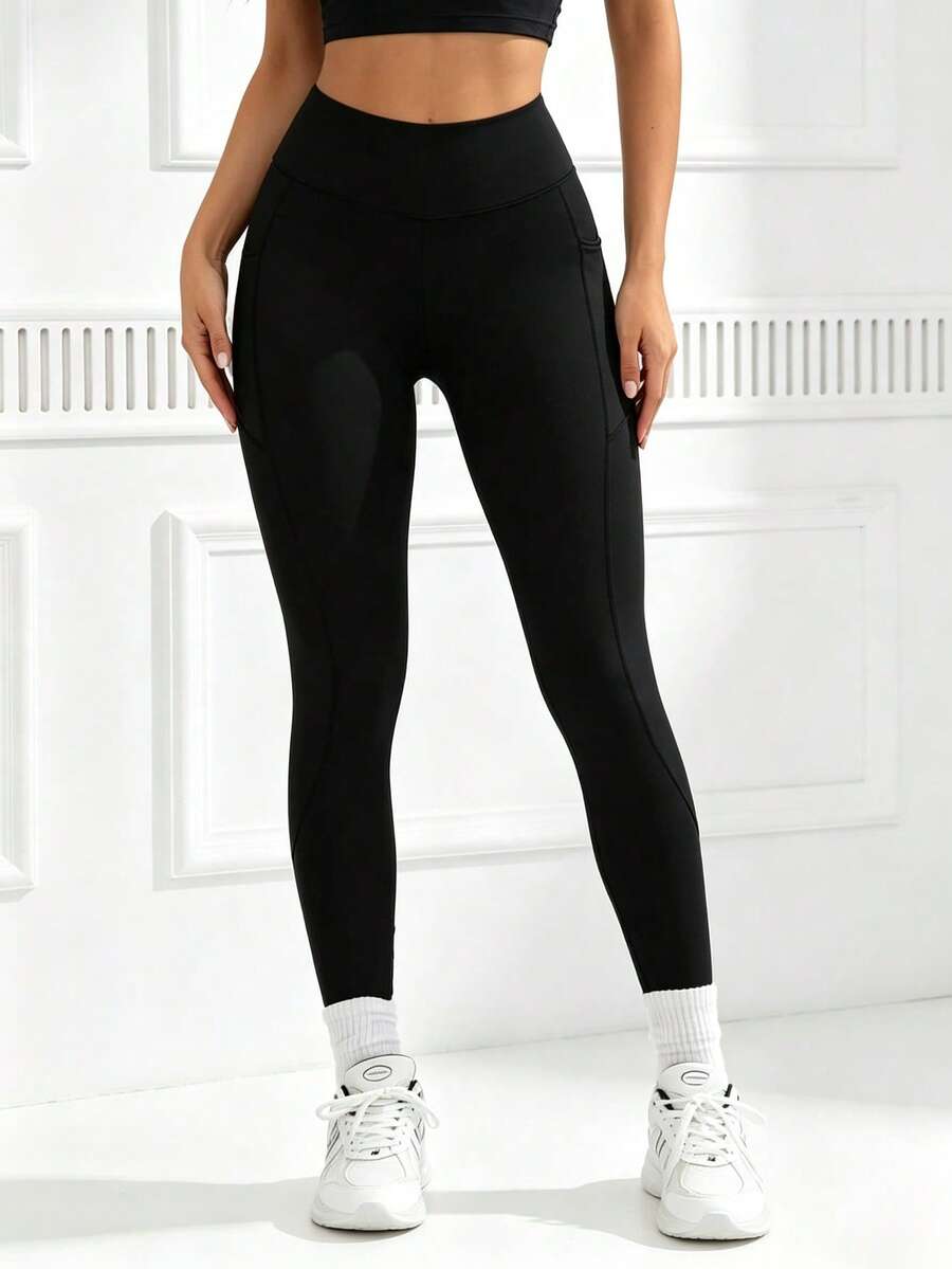 Kuswouy Women's Solid Color High Waist Fitted Pocket Sports Knit Leggings - Black - View 1