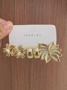 6/18PCS Fashionable Elegant Floral Geometric Multi-Element Gold Metallic Earrings Set, Women's Fashion Earrings Set (Lightweight CCB Material, Non-Fading) - Gold - View 5
