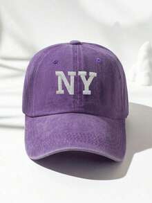 1pc Men's Embroidered NY Washed Baseball Cap, Outdoor Adjustable Casual Duck Bill Hat - Purple - View 3