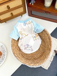 Cute Cartoon Puppy Print Dog Shirt For Small Medium Dogs Cats, Fall Colorblock Raglan Sleeve Pet T-Shirt, Soft Striped Dog Clothes, Breathable Pet Home Loungewear For Boy Girl Puppy Kitten - Blue - View 8