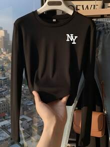 Minimalist NY Small Logo Cropped Long Sleeve T-Shirt Women Slim Fit Flattering Round Neck Base Layer Tight Inner Wear Autumn Top - Black - View 3