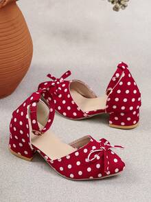 A Pair Of Kids' Polka-Dot Block-Heel Pumps, Cute Polka-Dot Flats, Pointed-Toe Bow Ankle Strap Low-Heel Shoes, Suitable For Parties And Daily Outfits - Red - View 5