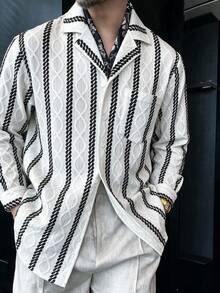 Japanese Vintage Vertical Striped Textured Knit Jacquard Casual Loose Fit Long Sleeve Shirt With Lapel Collar For Men, Spring/Autumn - White - View 1