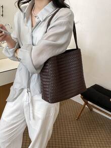 Women's Woven PU Leather Shoulder Tote Bag, Retro Coffee Large Capacity Hobo Bag, Soft Textured Casual Handbag For Work Travel Daily Outing - Coffee - View 2