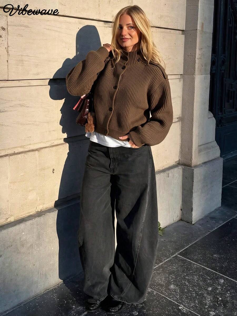 VIBEWAVE Brown High Neck Ribbed Single-Breasted Cropped Knit Cardigan, Old Money Relaxed Style Thick Ribbed Long Sleeve Sweater, Autumn/Winter City Street Style Commute Cafe Outerwear Top - Brown - View 1