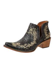 Women's Vintage Embroidered Western Cowboy Ankle Boots, Hollow Pointed Toe Chunky Heel Retro Country Style Ankle Boots, Plus Size Available - Black - View 8