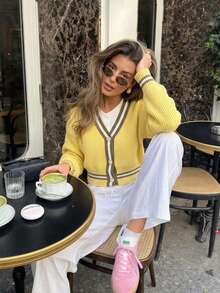 Women's Striped Long Sleeve Single-Breasted Casual Knit Cardigan - Apricot - View 3