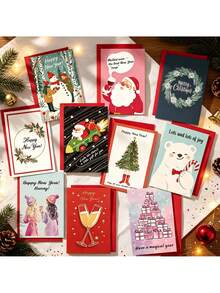 10Pcs Christmas & Happy New Year Greeting Cards With Red Envelopes, Assorted Cute Cartoon Xmas Folded Note Cards, Holiday Handwritten Blessing Cards For Family Friends Gift - Multicolor - View 8