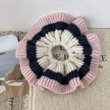 1pc Striped Vintage Polyester (Polyester) Hair Scrunchie, All-Season Korean Style Colorblock Knitted Knitted Yarn Large Scrunchie, Slouchy Bun Hair Tie, Autumn/Winter Fuzzy Pleated Hair Rope - Multicolor - View 2