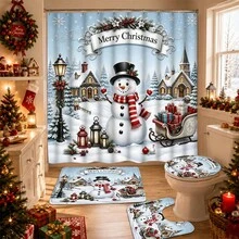 1/4pcs Christmas Snowman Shower Curtain Set, Christmas Tree Snowflake Pine Branch Winter Holiday Bathroom Curtain 180 X 180 Cm, Waterproof Mildew-Resistant Polyester Material, With 12 Hooks - A - View 14