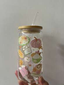 Atmospheric Autumn Theme Transparent Glass Cup, Full Print Autumn Dessert Pumpkin Pattern, Bamboo Sealed Lid With Glass Straw Suitable For Coffee And Juice, Home Desktop Decor Water Cup - Multicolor - View 10