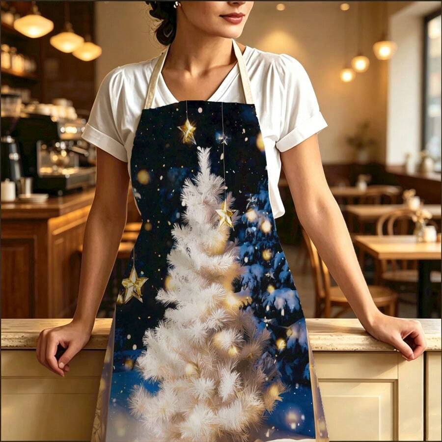 1pc Christmas Night Scene White Snow Christmas Tree Print Apron - Sleeveless Design, Durable And Comfortable Fit, Featuring Falling Snow Christmas Tree, Golden Star Decorations And Winter Night Forest Pattern, Suitable For Cooking, Baking And Home Cleaning, Household Cleaning, Housework Apron, Hand-Painted Holiday Gardening Apron, Fun Christmas Holiday Gift - Multicolor - View 1
