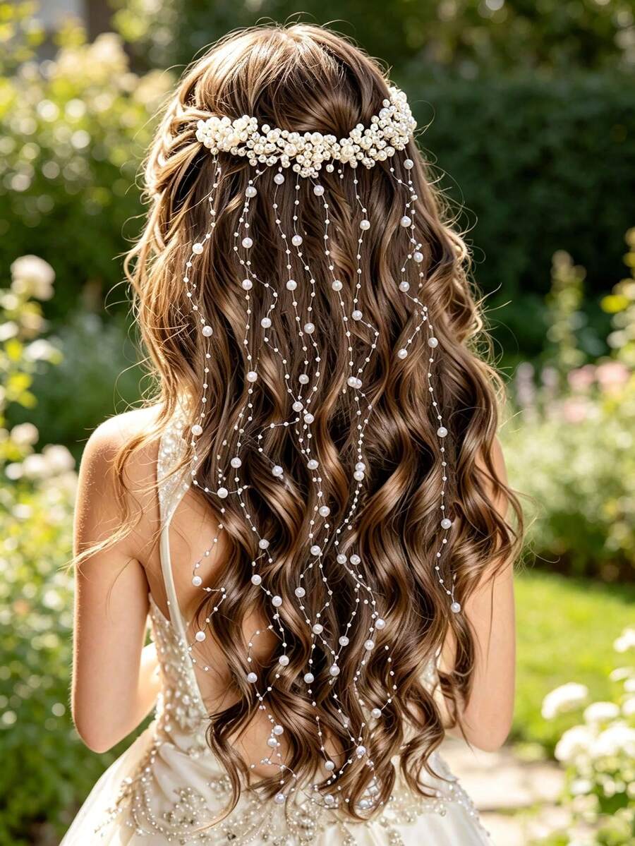 1pc Handmade Pearl Pendant Tassel Hair Clip, Exquisite Cross-Border European And American Style Hair Accessory, Bohemian Vintage Long Dangle Pearl Tassel Hair Comb, Suitable For Party, Daily Or Formal Occasions - Multicolor - View 1