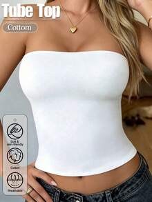 Women's Strapless Tube Top, Solid Color, Elastic Slim Fit, Camisole Tank Top, Fashion Basic Tank Top, Spring/Summer, White - White - View 1