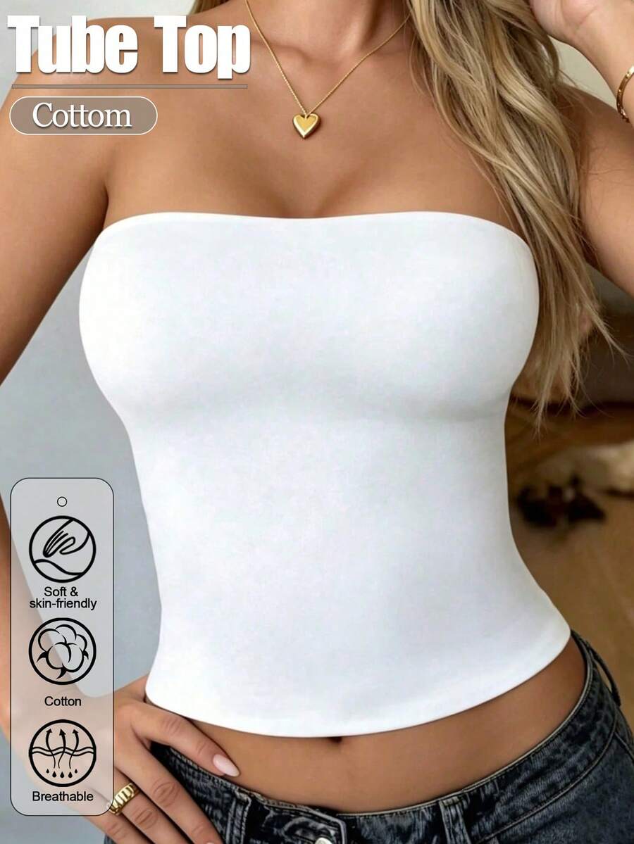 Women's Strapless Tube Top, Solid Color, Elastic Slim Fit, Camisole Tank Top, Fashion Basic Tank Top, Spring/Summer, White - White - View 1