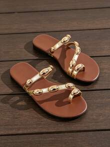 Wide Fit Women's Plus Size Wide Toe Box Sandals, Gold Metallic Decor Toe Cap Flat Slide Sandals, Oval Metal Ornament Flat Slip-On Slippers, Vacation Style Summer Outdoor Beach Slides - Brown - View 5