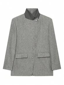 Women's Vintage Grey Oversized Blazer, Casual Autumn/Winter Outfit, Halloween Style - Grey - View 7